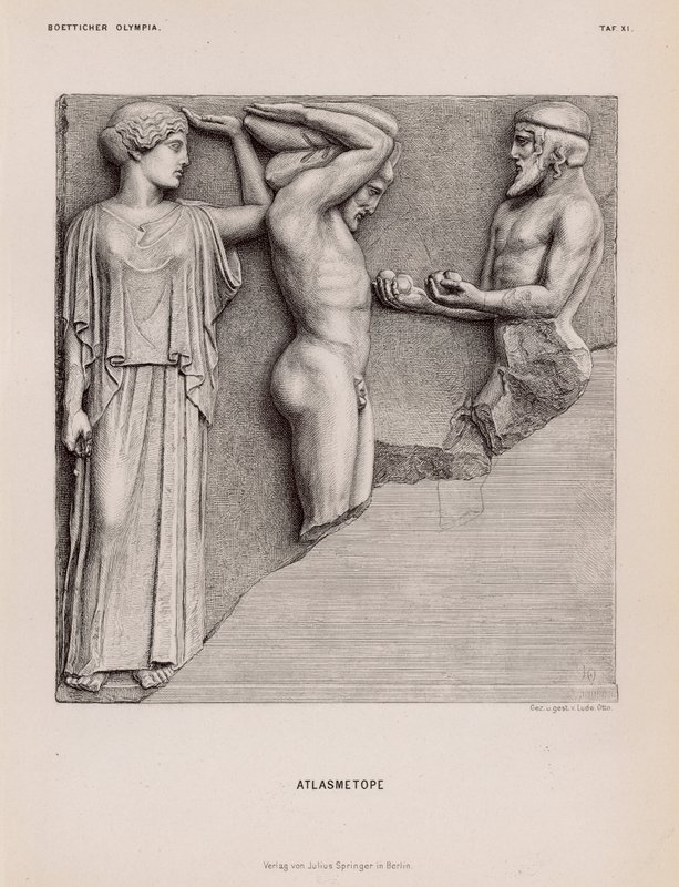 Atlas bringt Herakles die Äpfel der Hesperiden in Anwesenheit von Athene, Metope vom Tempel des Zeus, Olympia, Griechenland von German School