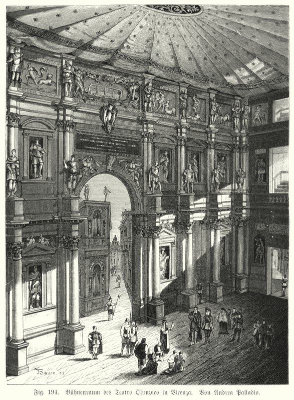 Auditorium und Bühne des Teatro Olimpico, Piacenza, Italien, entworfen von Andrea Palladio von German School