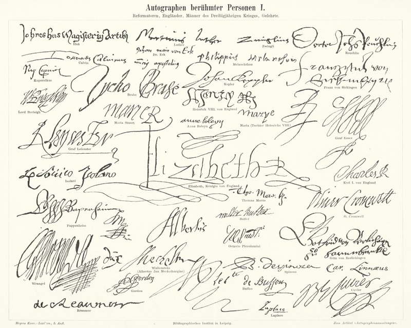 Autogramme berühmter Personen: prominente Figuren der protestantischen Reformation, Großbritannien, des Dreißigjährigen Krieges und Wissenschaftler von German School
