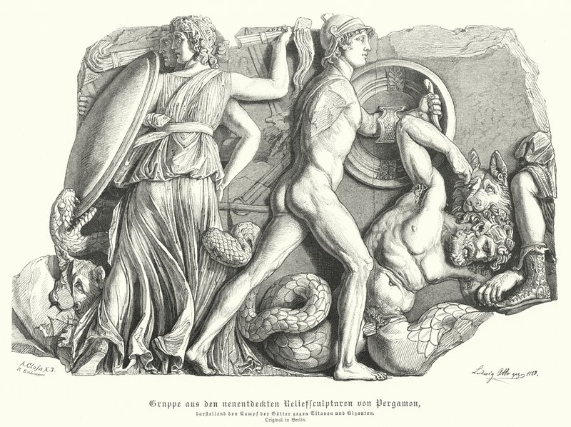 Kampf zwischen den Göttern und Titanen und Riesen, antikes griechisches Relief aus Pergamon von German School