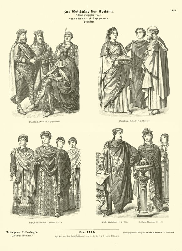 Byzantinische Kostüme, erste Hälfte des 6. Jahrhunderts von German School