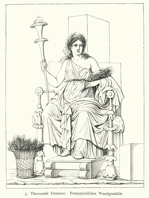 Ceres, römische Göttin der Ernte, auf dem Thron, Wandmalerei aus Pompeji von German School