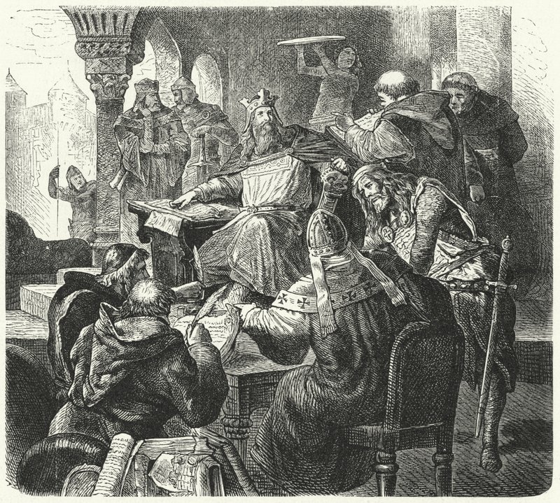 Karl der Große berät sich mit Gelehrten und Klerikern (Gravur) von German School