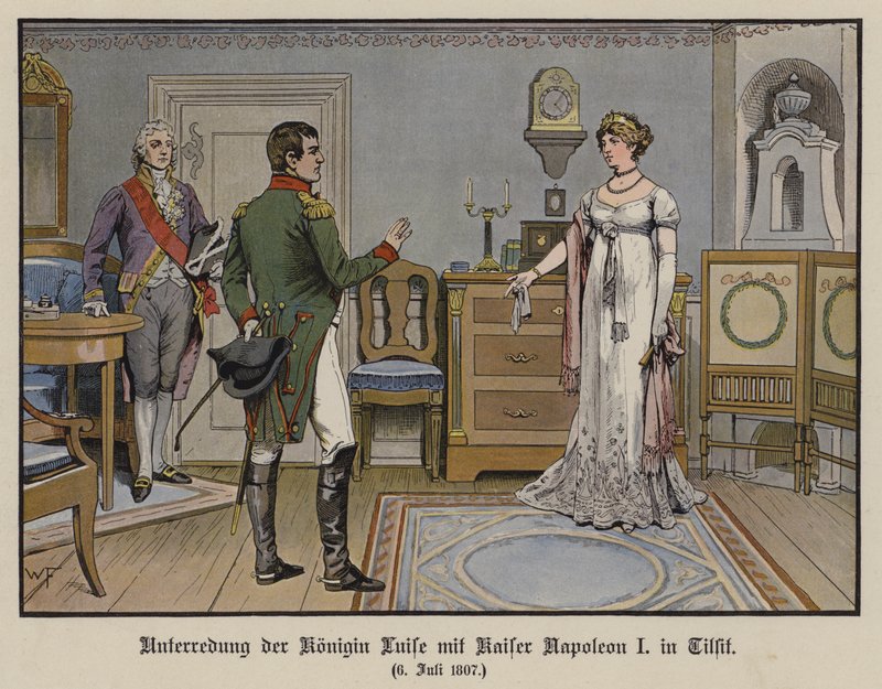 Gespräch zwischen Königin Louise von Preußen und Kaiser Napoleon I. in Tilsit, 6. Juli 1807 (Farblithografie) von German School