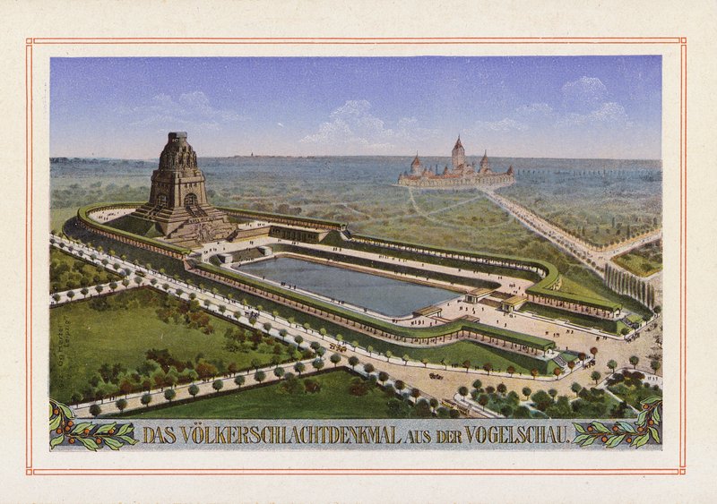 Das Völkerschlachtdenkmal aus der Vogelschau (Farblithografie) von German School