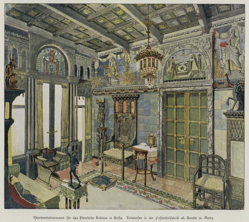 Entwurf für ein Zimmer im Königspalast in Sofia, Bulgarien, produziert von der A Bembe Möbelfabrik in Mainz, Deutschland von German School