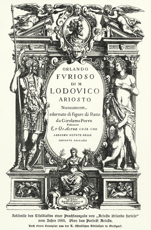 Faksimile der Titelseite einer Ausgabe von 1583 des epischen Gedichts Orlando Furioso des italienischen Dichters Ludovico Ariosto (Lithografie) von German School