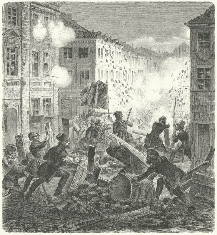 Kämpfe an einer Barrikade vor dem Colln Rathaus, Berlin, Revolution von 1848 (Stich) von German School