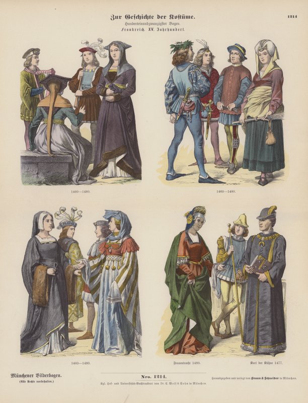 Französische Kostüme des 15. Jahrhunderts (farbige Gravur) von German School