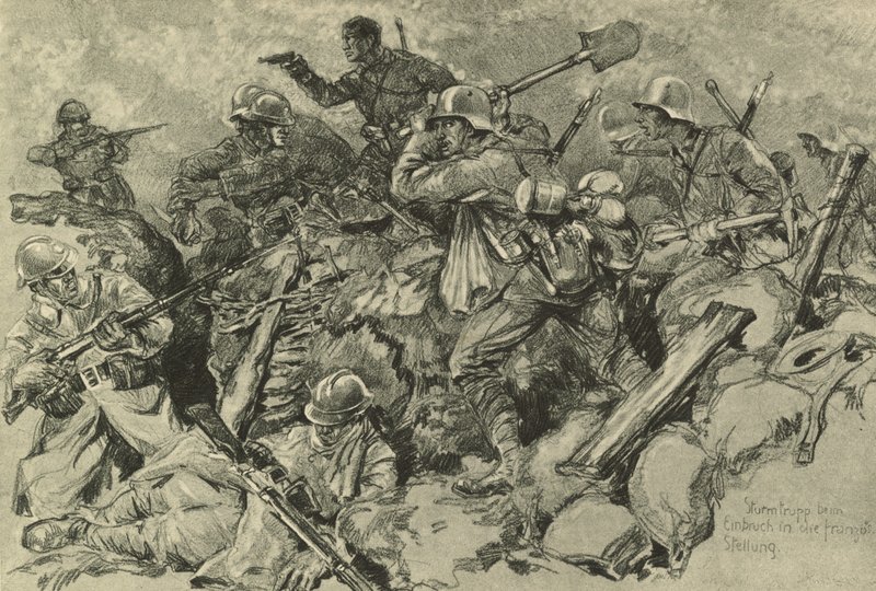 Deutsche Truppen greifen die französische Frontlinie an von German School
