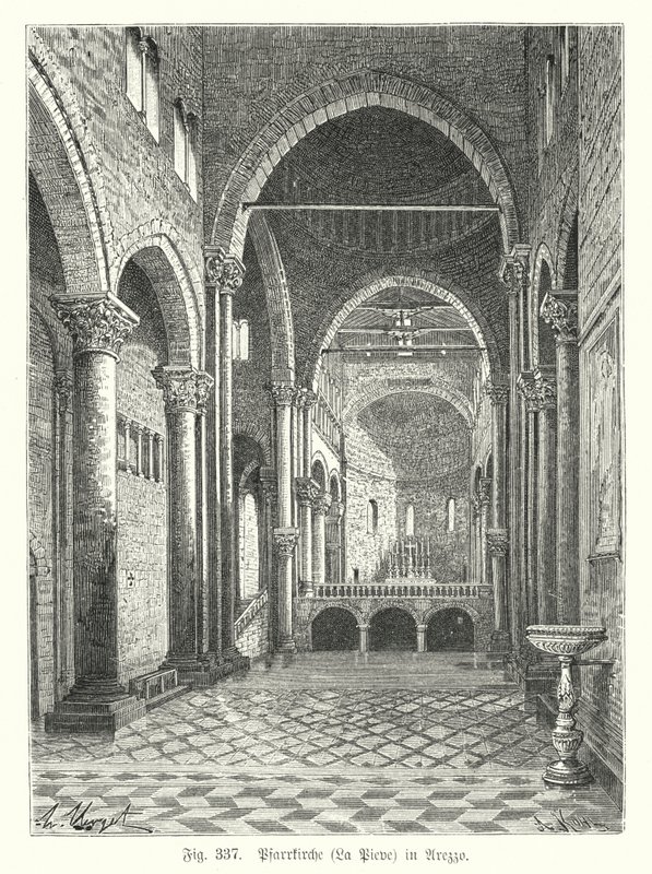 Innenraum der Kirche Santa Maria della Pieve, Arezzo, Italien (Stich) von German School