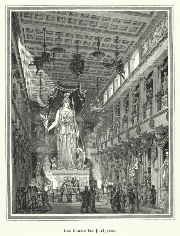 Innenraum des Parthenon, Athen, mit der kolossalen Statue der griechischen Göttin Athena von German School