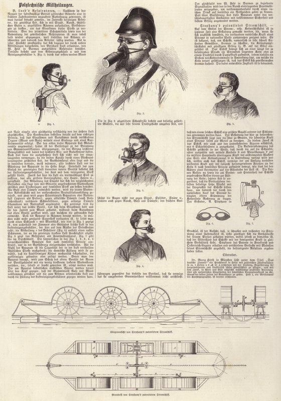 Erfindungen: B. Loebs Atemschutzgeräte und Stephanys patentiertes Motorboot (Gravur) von German School