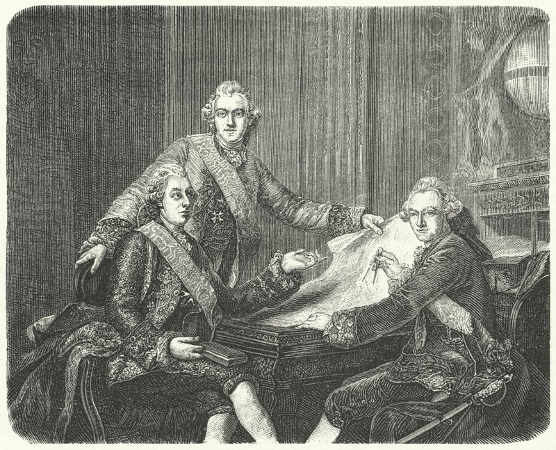 König Gustav III. von Schweden in Beratung mit seinen Brüdern Karl und Friedrich Adolf (Stich) von German School