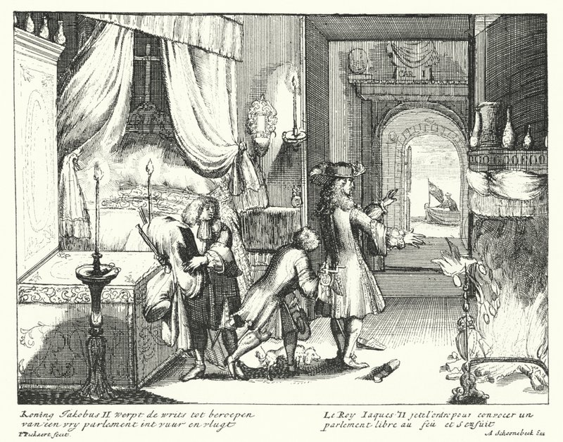 König Jakob II. von England verbrennt den Befehl, das Parlament einzuberufen, und flieht von German School