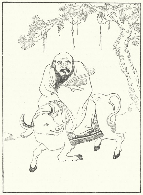 Laozi, antiker chinesischer Philosoph, auf einem Wasserbüffel (Stich) von German School
