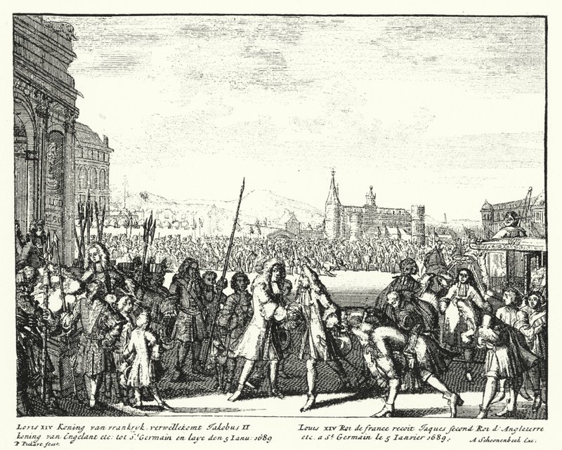 Ludwig XIV. von Frankreich begrüßt Jakob II. von England im Exil von German School