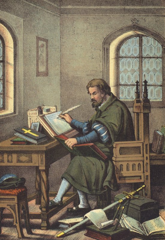 Luther verkleidet als Junker Jörg in der Wartburg Übersetzung des Neuen Testaments von German School