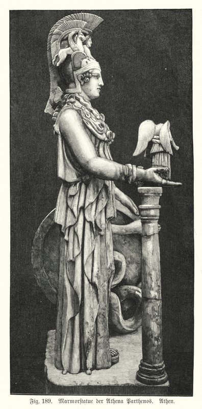Marmorstatue der antiken griechischen Göttin Athena, vom Parthenon, Athen (Gravur) von German School