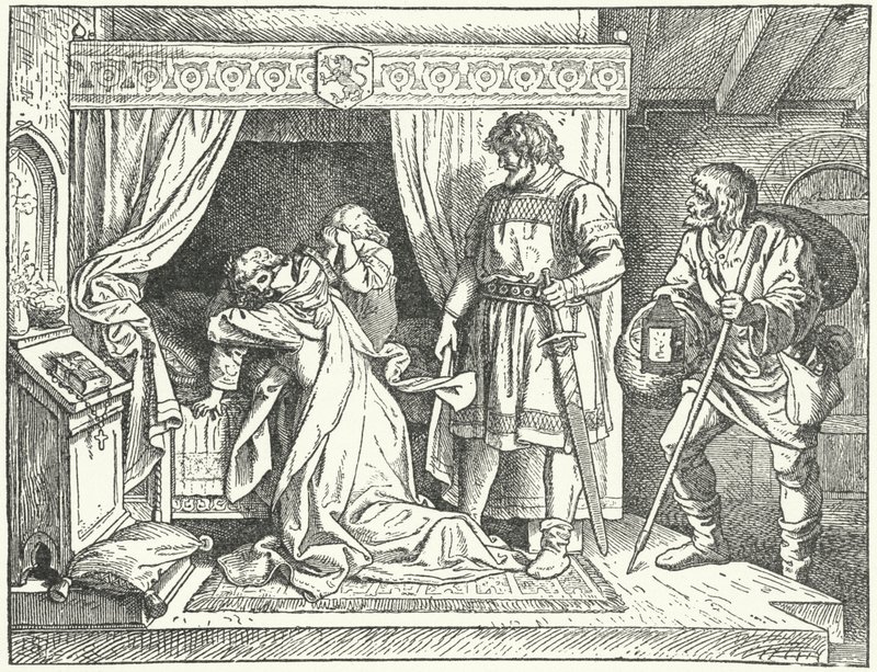 Margarete von Sizilien, Tochter des Heiligen Römischen Kaisers Friedrich II., verlässt ihre Söhne nach der Entdeckung des Ehebruchs ihres Mannes, Albrecht der Entartete, Markgraf von Meißen von German School