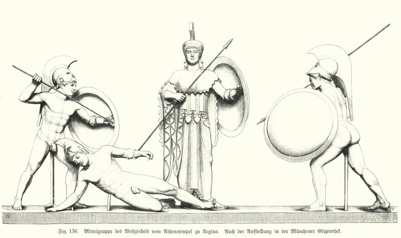 Mittlere Gruppe vom westlichen Giebel des antiken griechischen Tempels der Athena auf der Insel Aegina (Stich) von German School