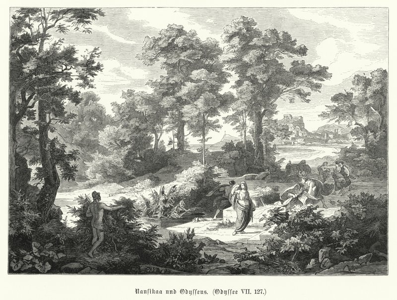 Nausikaa und Odysseus, Szene aus Homers Odyssee von German School