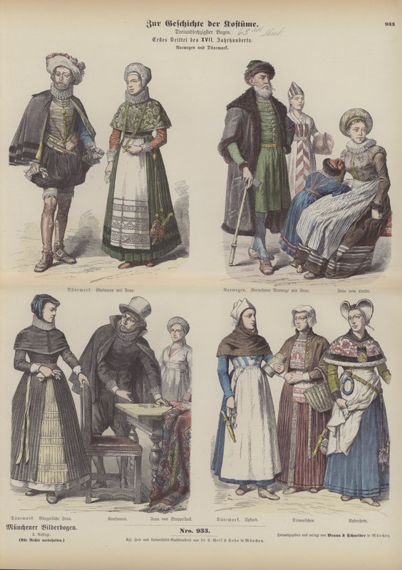 Norwegische und dänische Kostüme, frühes 17. Jahrhundert (farbiger Stich) von German School