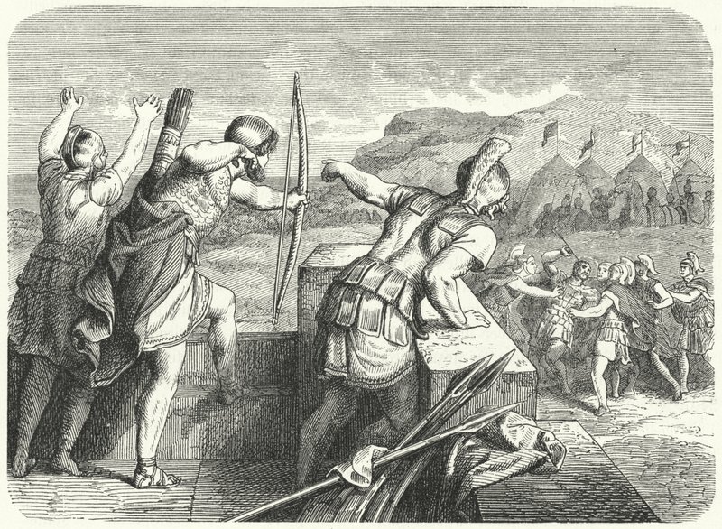 Philipp II. von Makedonien wird beim Angriff auf Methone 355 v. Chr. am Auge verwundet (Gravur) von German School