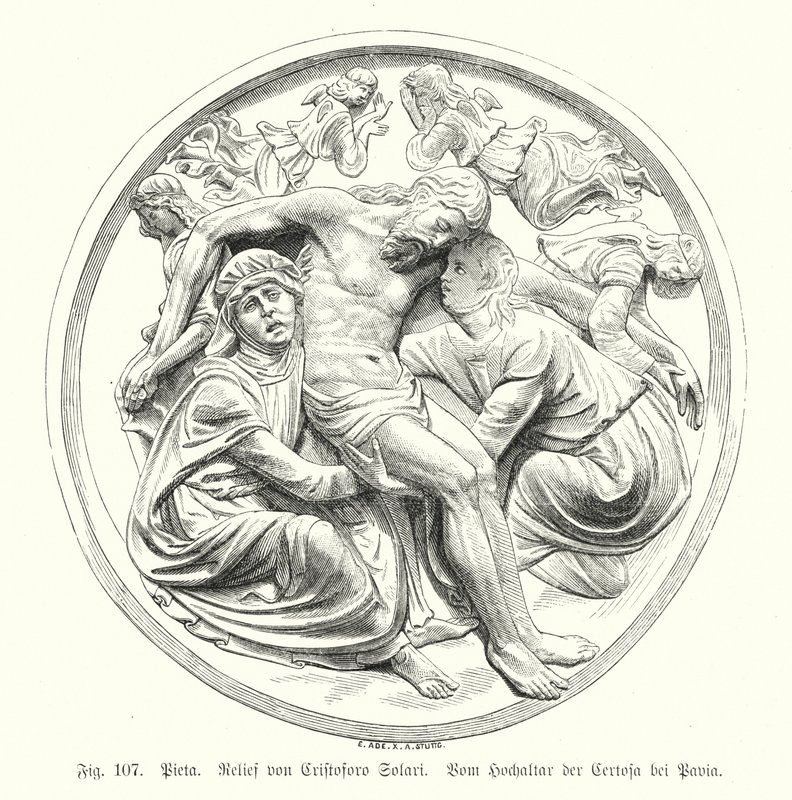 Pieta, Relief von Cristoforo Solari vom Hochaltar der Certosa di Pavia, Italien (Gravur) von German School
