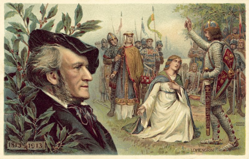 Richard Wagner und eine Szene aus seiner Oper Lohengrin von German School