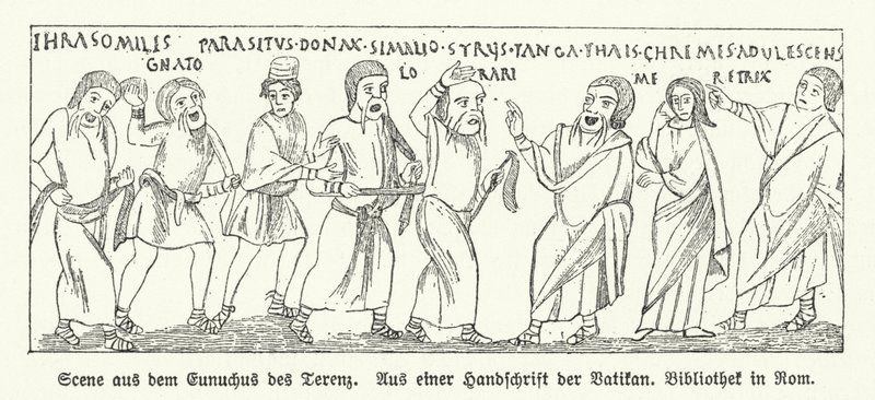 Szene aus Eunuchus, Komödie des römischen Dramatikers Terenz von German School