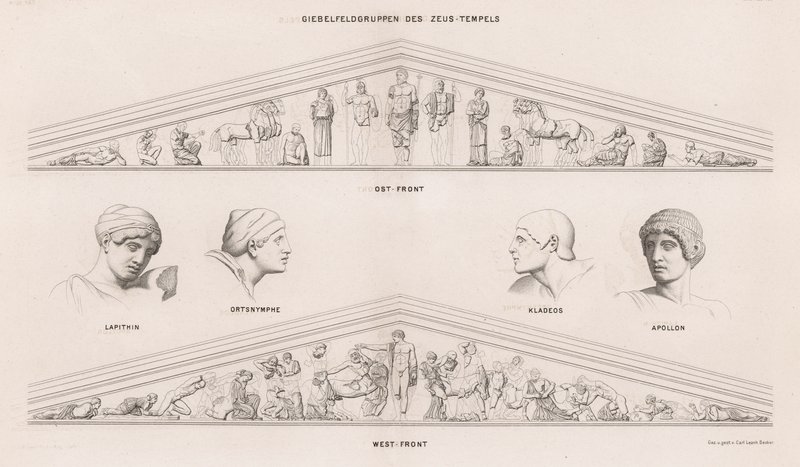 Skulpturen von den Giebeln des Tempels des Zeus, Olympia, Griechenland (Gravur) von German School