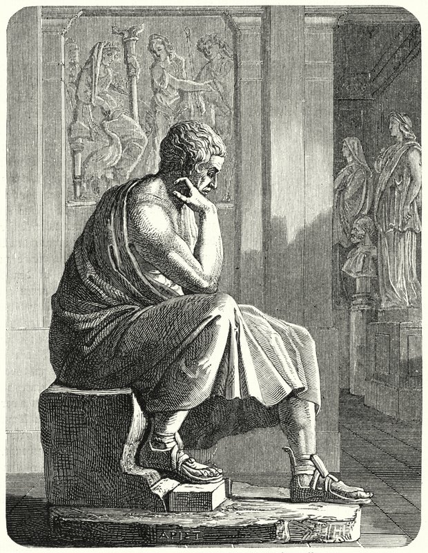 Statue von Aristoteles, antiker griechischer Philosoph und Wissenschaftler  (Gravur)