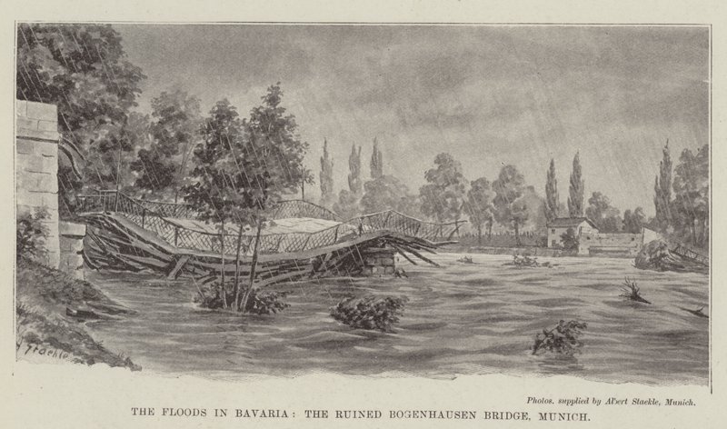 Die Überschwemmungen in Bayern, die zerstörte Bogenhausen-Brücke, München (Lithografie) von German School