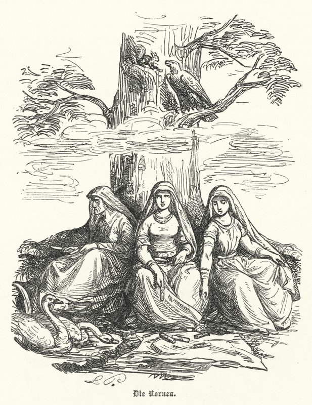 Die Nornen, weibliche Wesen der nordischen Mythologie (Gravur) von German School