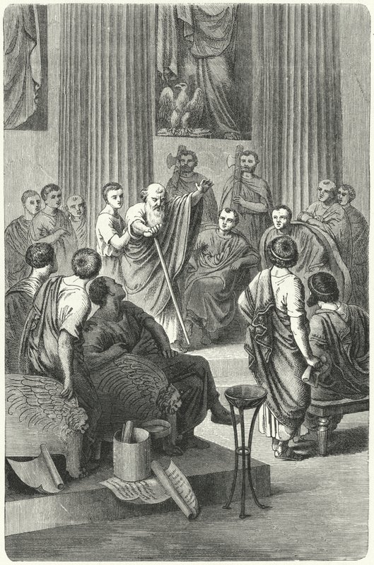 Der blinde Appius Claudius Caecus spricht im Römischen Senat gegen Cineas, den Botschafter von Pyrrhus von Epirus, 279 v. Chr. (Gravur) von German School