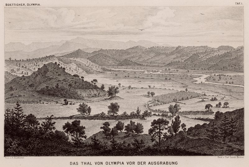 Tal von Olympia, Griechenland, vor den archäologischen Ausgrabungen von German School