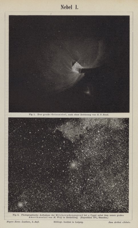Ansichten des Orionnebels und der Milchstraße im Bereich von Deneb (Gravur) von German School