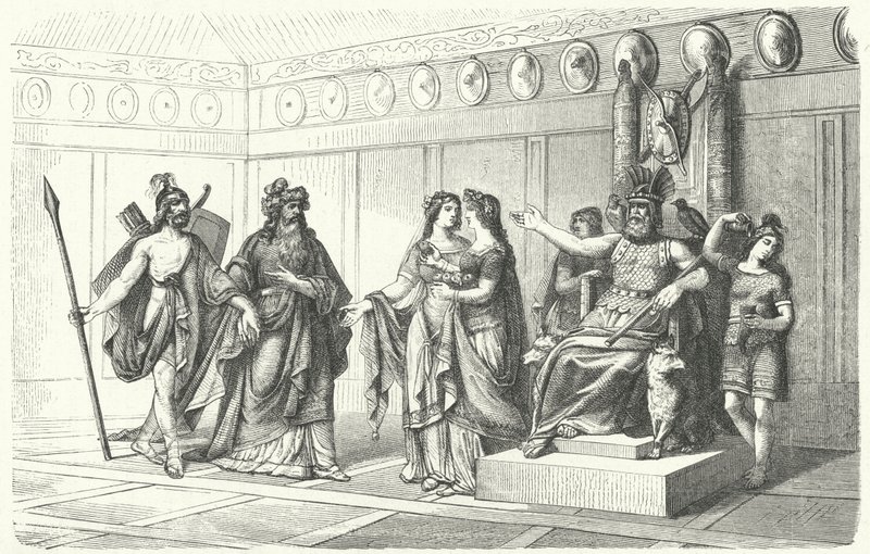 Wotan empfängt die Musiker, eingeführt von Bragi, dem Gott der Poesie und des Gesangs (Stich) von German School