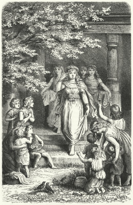 Junge deutsche Frauen tragen Kränze zur Feier des Festes von Eostre (Ostara) von German School