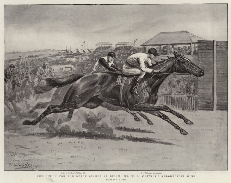 Das Ziel des Derby Stakes in Epsom, Mr. W. C. Whitneys Volodyovski gewinnt von Godfrey Douglas Giles