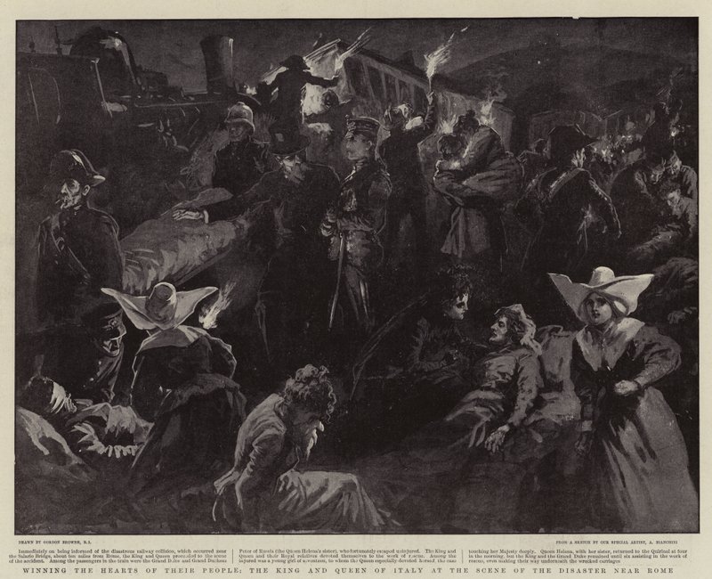 Die Herzen ihres Volkes gewinnen, der König und die Königin von Italien an der Unglücksstelle bei Rom von Gordon Frederick Browne