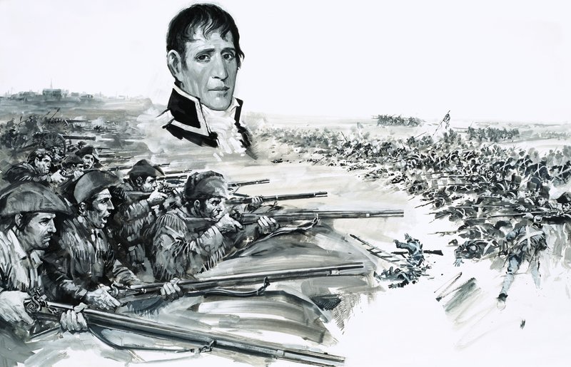 Porträt von General Andrew Jackson über dem Bild der britischen Niederlage in New Orleans 1815 von Graham Coton