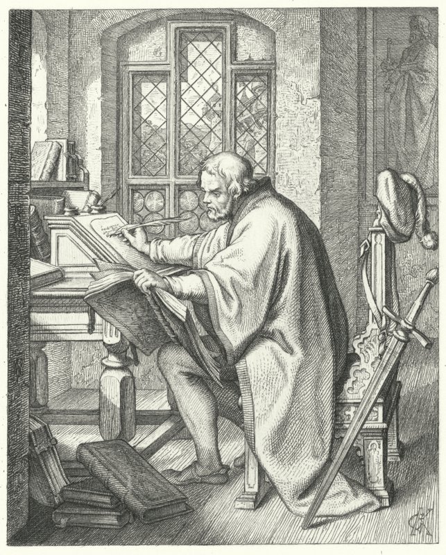 Martin Luther beginnt die Übersetzung der Bibel auf der Wartburg (Gravur) von Gustav Ferdinand Leopold Konig
