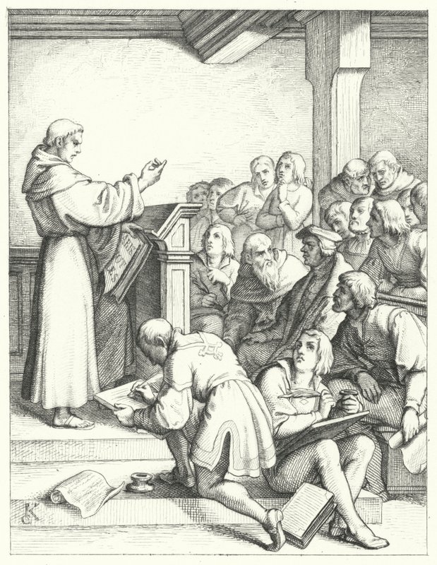 Martin Luther in einer Philosophie- und Theologievorlesung für seinen Bachelor-Abschluss (Stich) von Gustav Ferdinand Leopold Konig