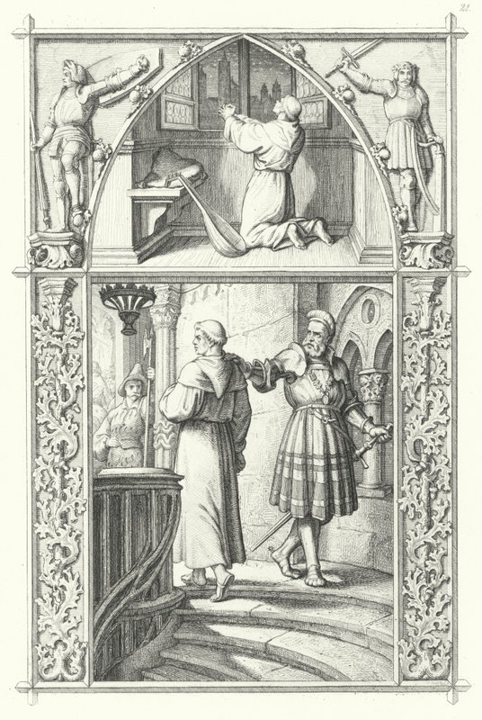 Martin Luther im Gebet, während er sich auf den Reichstag zu Worms vorbereitet (oben). Georg von Frundsberg ermutigt Martin Luther (unten) (Stich) von Gustav Ferdinand Leopold Konig