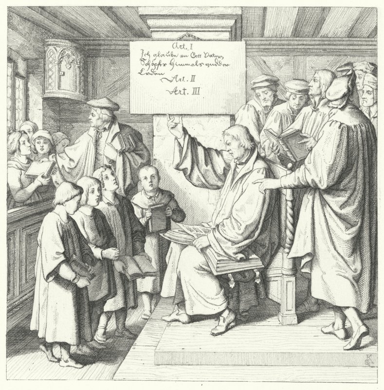 Martin Luther führt den Katechismus in die Schule ein (Stich) von Gustav Ferdinand Leopold Konig