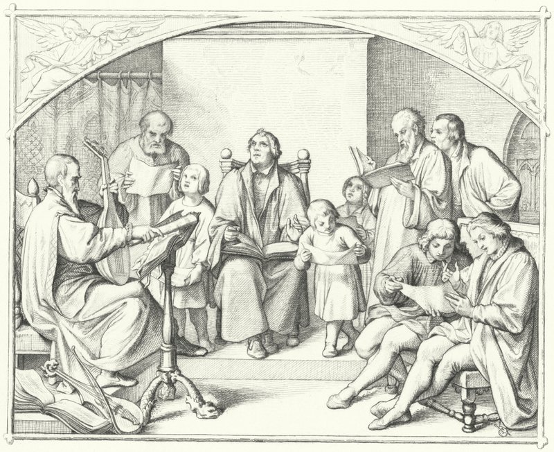 Martin Luther singt mit einem Kirchenchor (Stich) von Gustav Ferdinand Leopold Konig