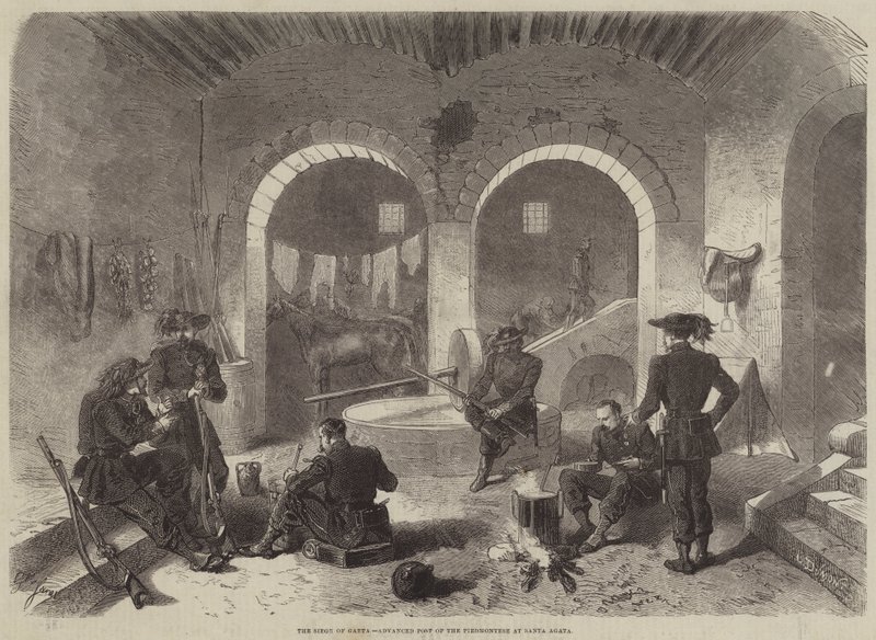 Die Belagerung von Gaeta, vorgeschobener Posten der Piemontesen bei Santa Agata von Gustave Janet