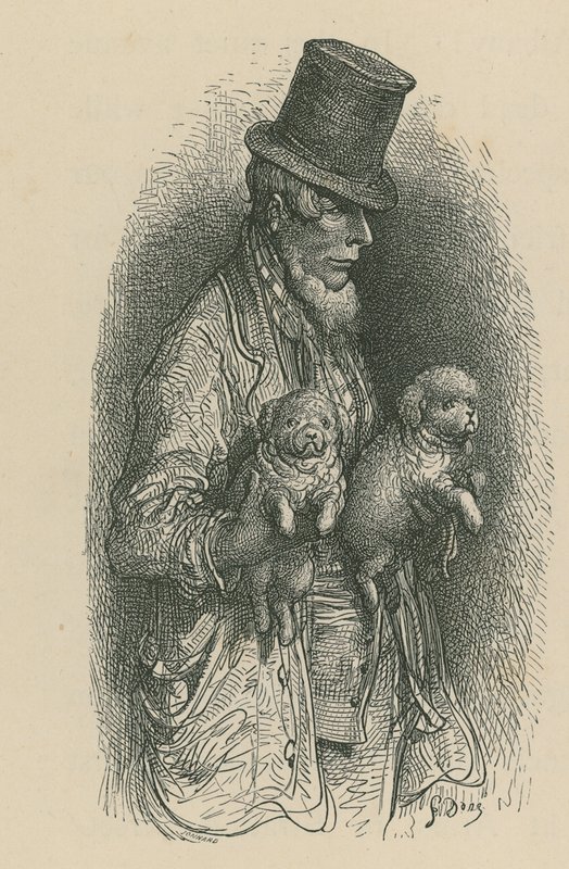 Ein Mann mit Zylinder, der zwei Hunde in den Händen hält von Gustave Dore